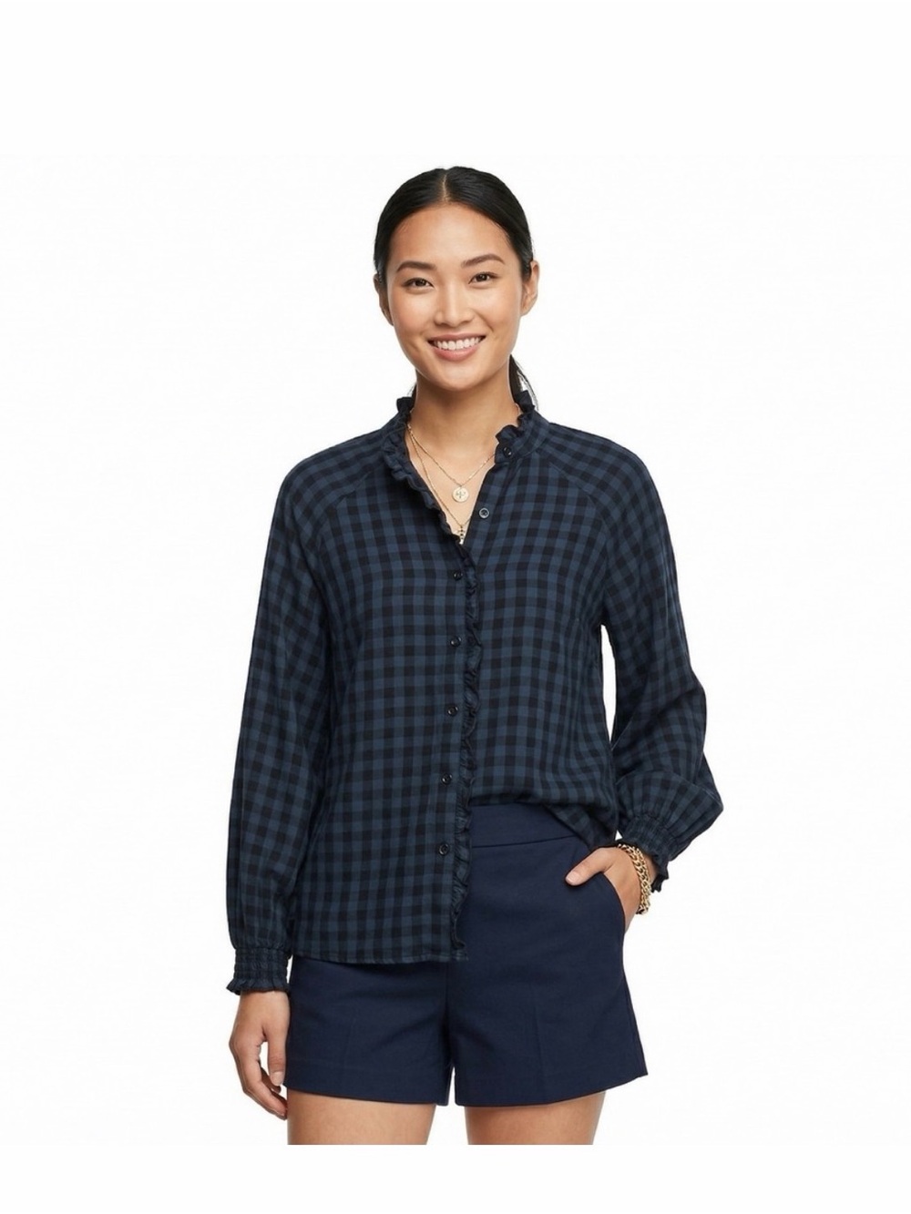 CAbi | Aberdeen 3961 Buffalo Plaid Check Button Down Ruffle Blouse Top | Sz L